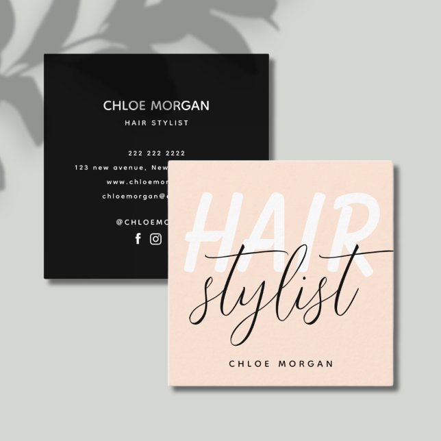 Modern hair stylist script peach square business card (Creator Uploaded)