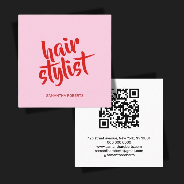 Modern hair stylist script pink red qr code  square business card (Creator Uploaded)
