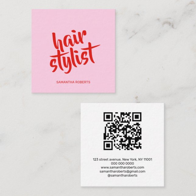 Modern hair stylist script pink red qr code  square business card (Front/Back)