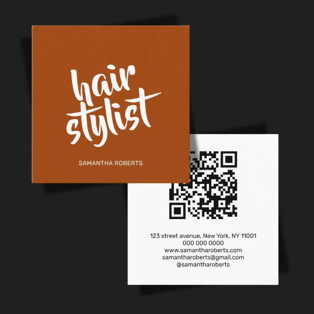 Modern hair stylist script terracotta qr code  square business card (Creator Uploaded)