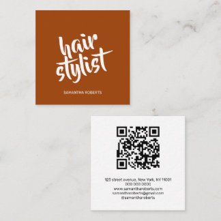 Modern hair stylist script terracotta qr code  square business card
