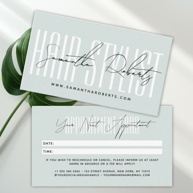 Modern hair stylist script typography blue appointment card (Creator Uploaded)