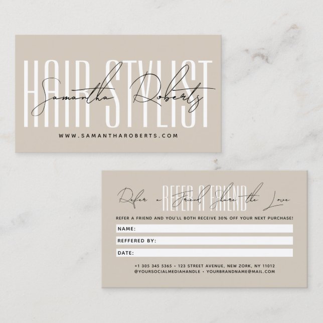 Modern hair stylist script typography customer  referral card (Front/Back)