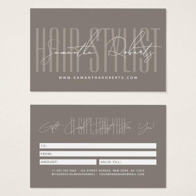 Modern hair stylist script typography gift card (Front & Back)