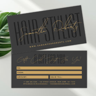 Modern hair stylist script typography gift card