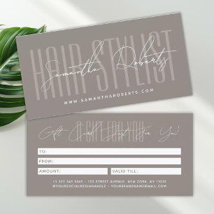 Modern hair stylist script typography gift card