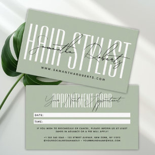 Modern hair stylist script typography sage green appointment card