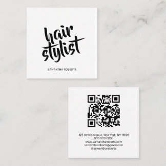 Modern hair stylist script white black qr code  square business card