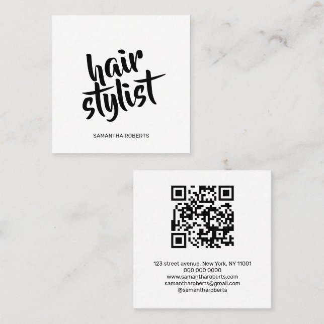 Modern hair stylist script white black qr code  square business card (Front/Back)