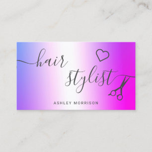 Modern hair stylistpink purple metallic scissors business card
