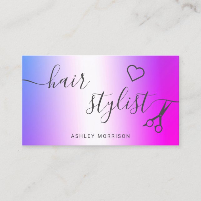 Modern hair stylistpink purple metallic scissors business card (Front)