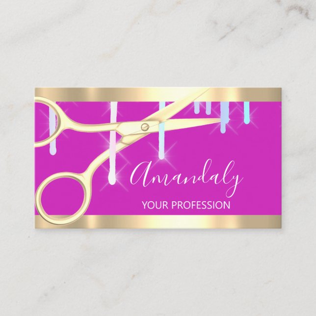 Modern Hairdresser Coiffeur Scissors Drips Pink Business Card (Front)