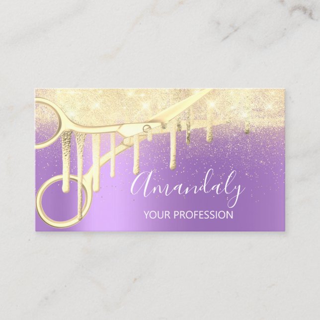 Modern Hairdresser Coiffeur Scissors Purple Gold Business Card (Front)