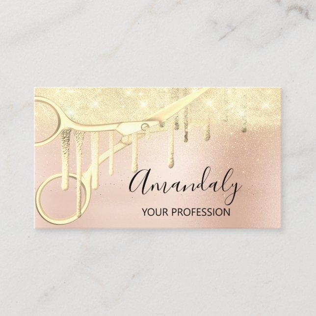 Modern Hairdresser Coiffeur Scissors Rose Gold LUX Business Card (Front)