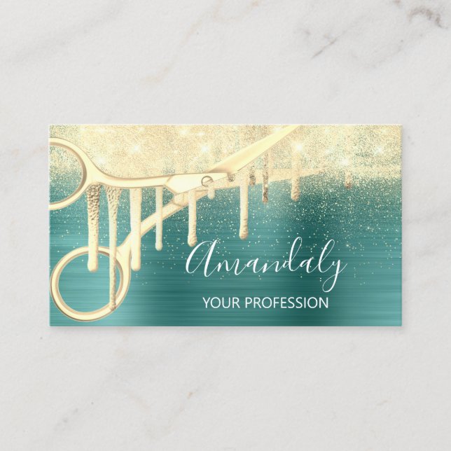 Modern Hairdresser Coiffeur Scissors Teal Gold Business Card (Front)