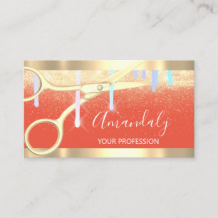 Modern Hairdresser Scissors Drips Gold Coral Business Card