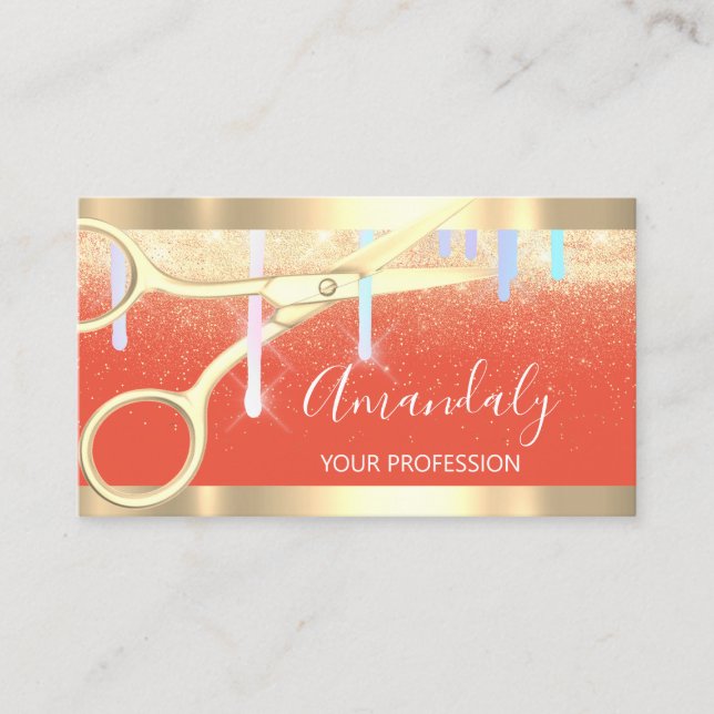 Modern Hairdresser Scissors Drips Gold Coral Business Card (Front)
