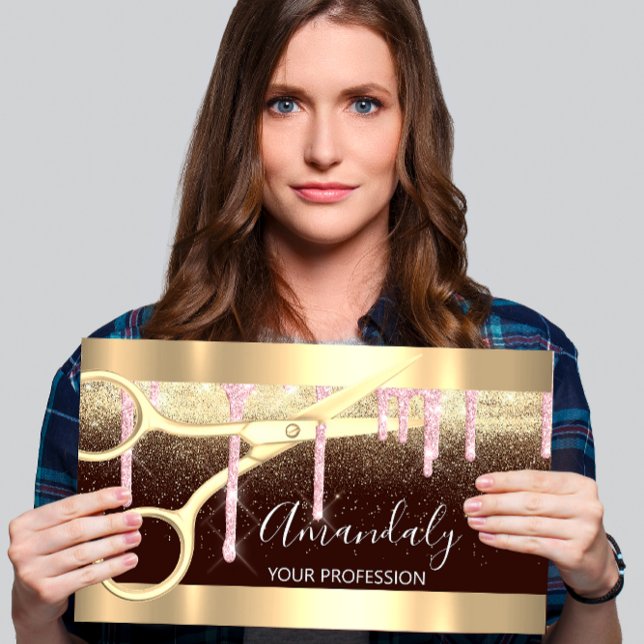 Modern Hairdresser Scissors Drips Gold Pink Black Business Card (Modern Hairdresser Scissors Drips Gold Pink Black Business Card)