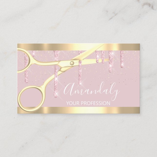 Modern Hairdresser Scissors Drips Gold Pink  Blush Business Card (Front)