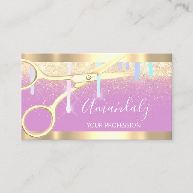 Modern Hairdresser Scissors Drips Gold Pink Business Card (Front)