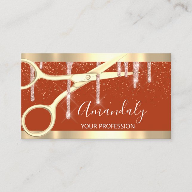 Modern Hairdresser Scissors Drips Gold Rose Coral Business Card (Front)