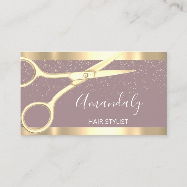 Modern Hairdresser Scissors Gold Confetti Rose Business Card (Front)