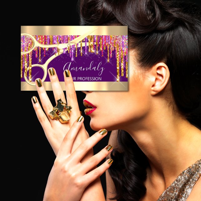 Modern Hairdresser Scissors Purple Drips Glitter Business Card (Modern Hairdresser Scissors Purple Drips Glitter Business Card )