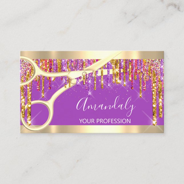 Modern Hairdresser Scissors Purple Violet Gold Business Card (Front)