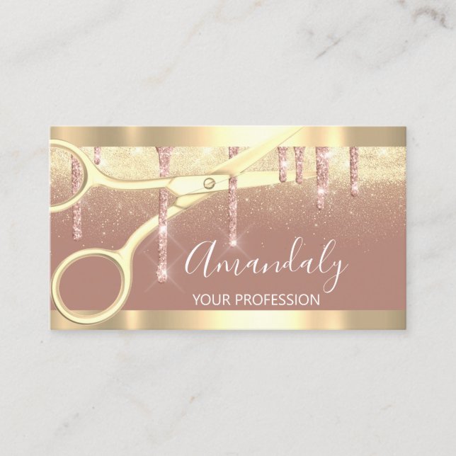 Modern Hairdresser Scissors Rose Gold Confetti Business Card (Front)