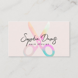 Modern Hairstylist Holograph Scissors Logo Script  Business Card