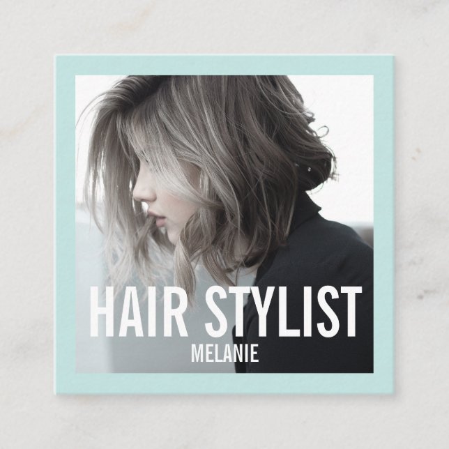 Modern hairstylist photo square business card (Front)