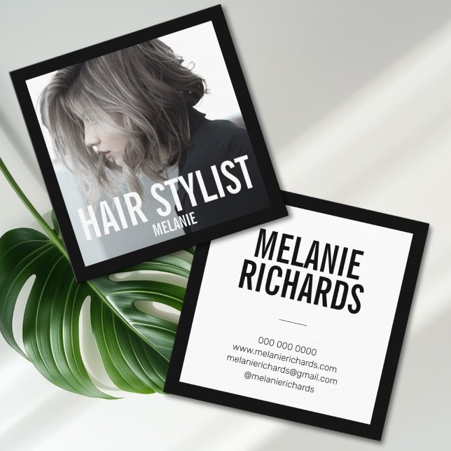 Modern hairstylist photo square business card (Creator Uploaded)