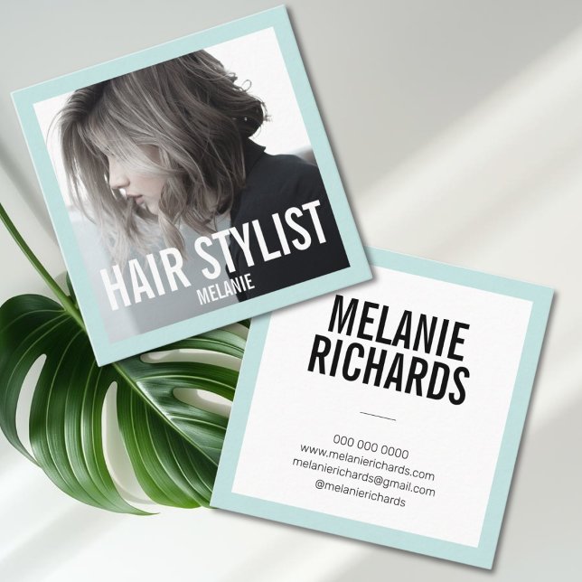 Modern hairstylist photo square business card (Creator Uploaded)