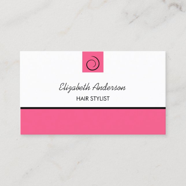 Modern Hairstylist Preppy Pink Black Hair Salon Business Card (Front)