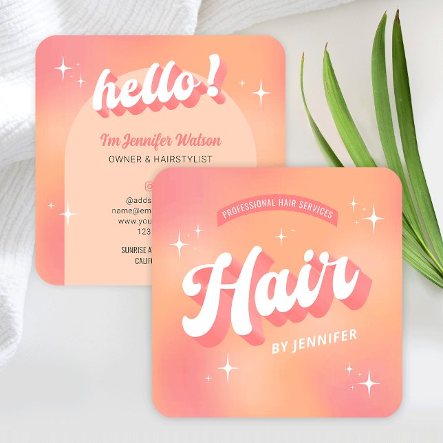 Modern Hairstylist Salon Groovy Trendy Peach Hair Square Business Card (Hair salon business cards with trendy retro fonts, groovy style and girly peach color scheme)