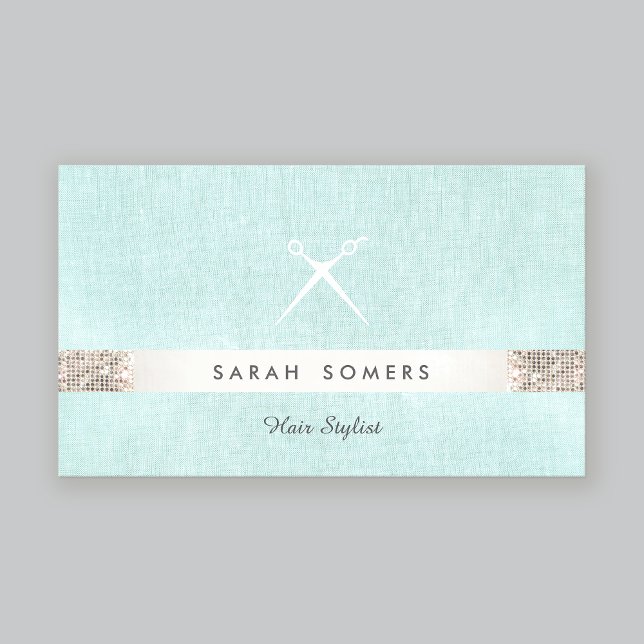 Modern Hairstylist Scissors Logo Sequin Turquoise Business Card (Creator Uploaded)