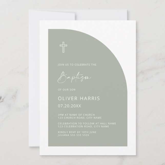 Modern Half Arch Sage Green Boy Baptism Invitation (Front)