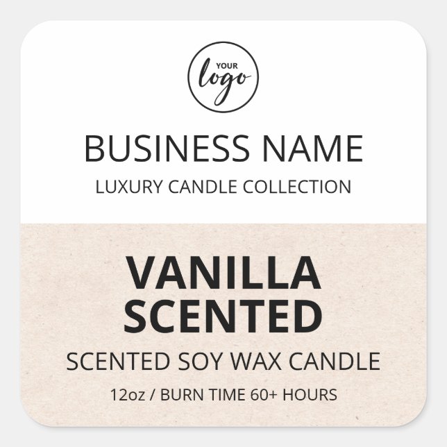 Modern Half Beige White Design Soy Candle Labels (Front)