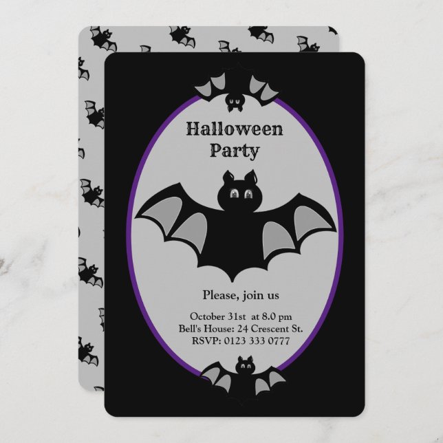 Modern Halloween bat on black and grey Invitation (Front/Back)