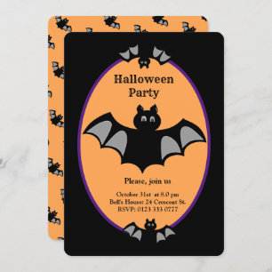Modern Halloween bat on black and orange Invitation