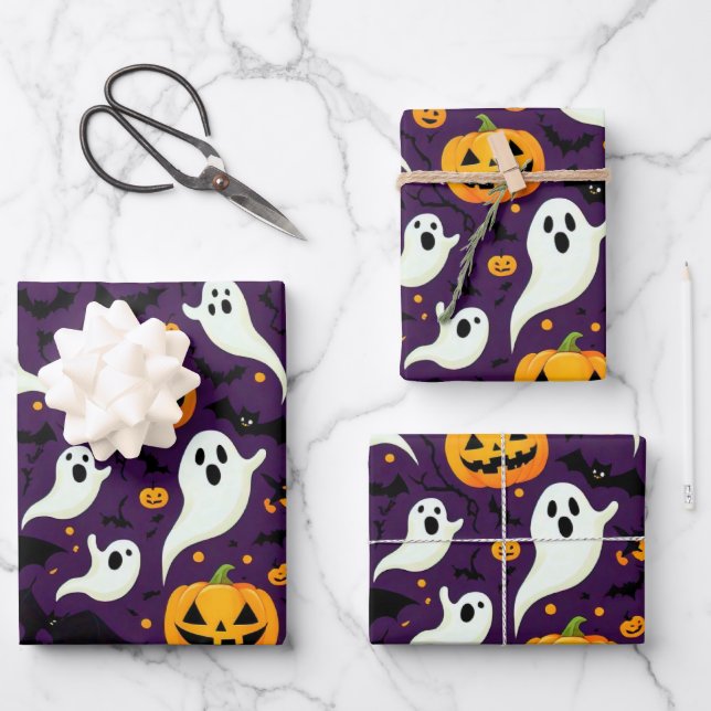 Modern Halloween Bats Pumpkin Ghost Pattern Purple Wrapping Paper Sheet (Front)