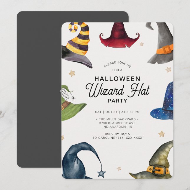 Modern Halloween Grey Wizard Hat Party  Invitation (Front/Back)