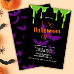 Modern Halloween Kids Party Invitation<br><div class="desc">Are you searching for a fun spooky Halloween party invitation that will give your guests goosebumps? Look no further than this invitation featuring green slime and purple bats on a black backdrop. Use the design tools to personalise the text,  font and colours. Also available as digital download.</div>
