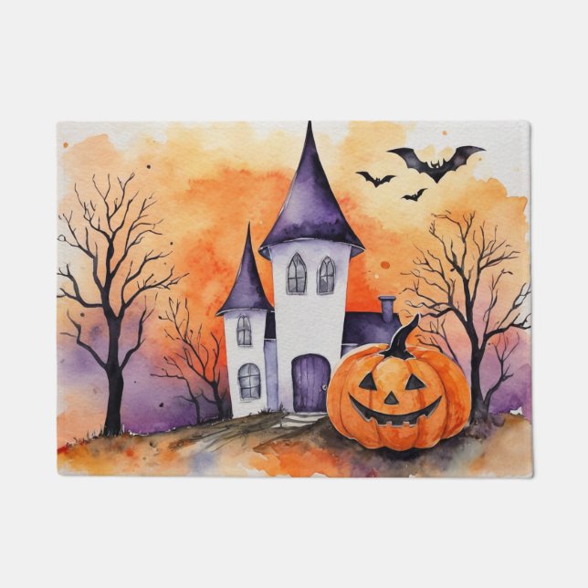 Modern Halloween Orange Pumpkin Haunted House Bats Doormat (Front)