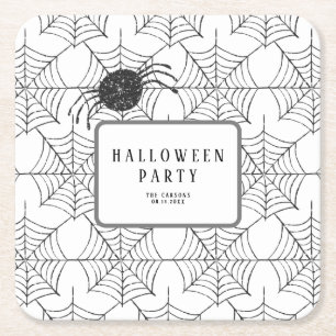 Modern Halloween Party Black White Spider Web Square Paper Coaster