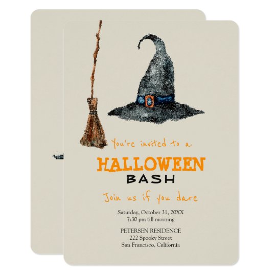 Modern Halloween simple broom and witch hat party Card