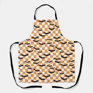 Modern Halloween Spooky Bats Orange Chequerboard Apron