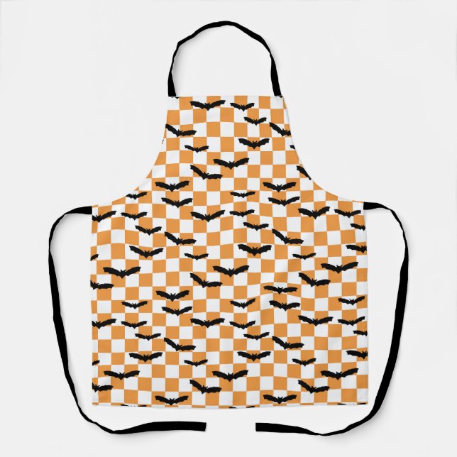 Modern Halloween Spooky Bats Orange Chequerboard Apron (Front)
