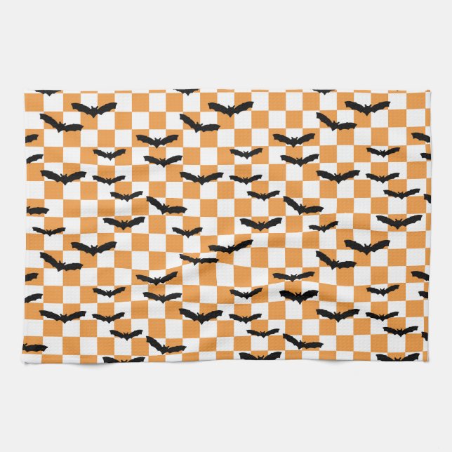 Modern Halloween Spooky Bats Orange Chequerboard Tea Towel (Horizontal)