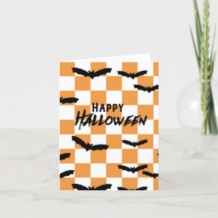 Modern Halloween Spooky Bats Orange Chequerboard Thank You Card